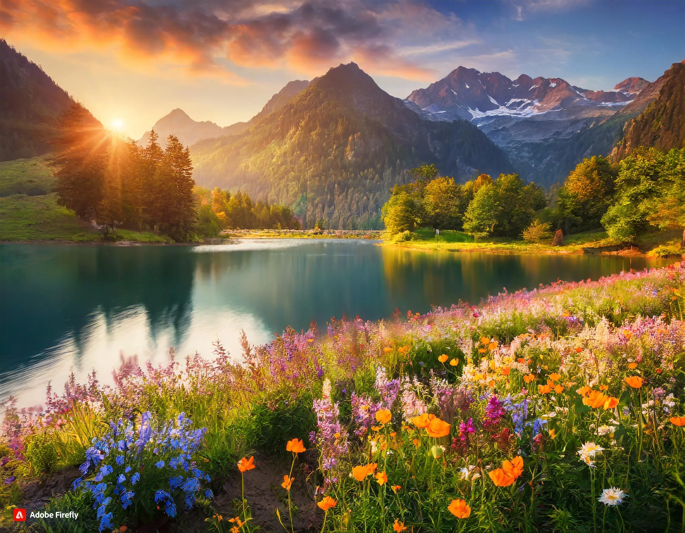 a beautiful field of flowers next to a lake surrounded by mountains and trees at sunset
