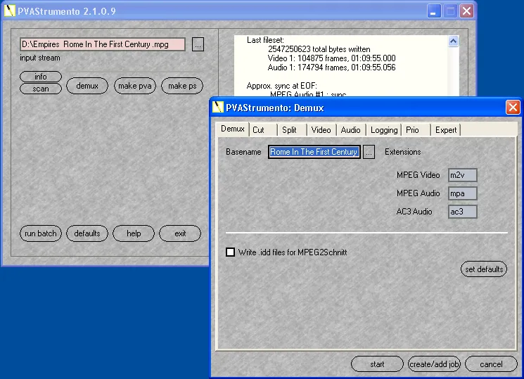 PVAStrumento 2.1.0.9 with its Demux dialog open over the main window. The input stream reads D:\Empires Rome In The First Century .mpg, the log reports 2,547,250,623 total bytes written with video and audio frame counts, and the Demux tab sets basename Rome In The First Century with extensions m2v for MPEG Video, mpa for MPEG Audio and ac3 for AC3 Audio