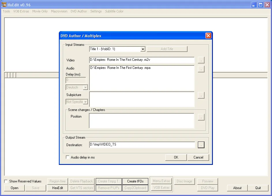 IfoEdit v0.96 with the DVD Author / Multiplex dialog open. The video stream reads D:\Empires Rome In The First Century .m2v and the audio D:\Empires Rome In The First Century .mpa, with empty subpicture and chapter fields, and the output stream destination set to D:\tmp\VIDEO_TS