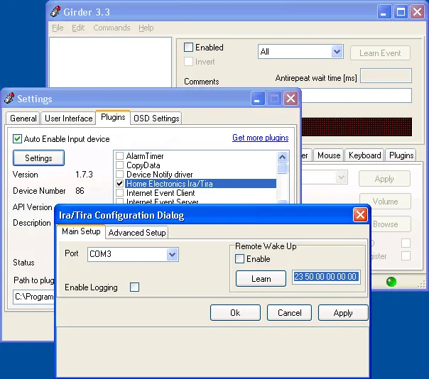 The Ira/Tira Configuration Dialog open in front of the Settings dialog, on its Main Setup tab. The Port dropdown reads COM3, Enable Logging is unticked, and a Remote Wake Up panel holds an Enable checkbox, a Learn button and a code field reading 23 50 00 00 00 00