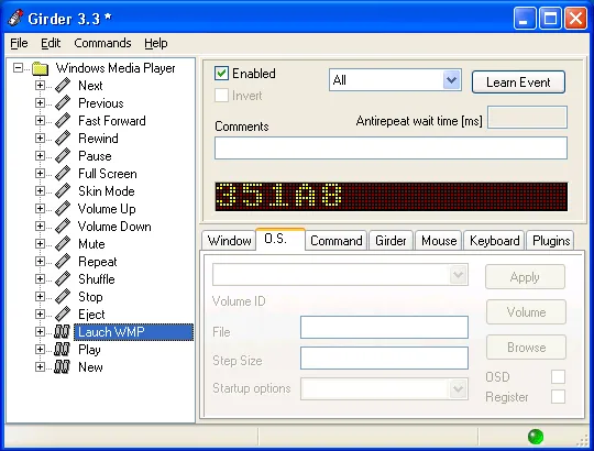 Girder with the Windows Media Player command group imported. The tree lists Next, Previous, Fast Forward, Rewind, Pause, Full Screen, Skin Mode, Volume Up, Volume Down, Mute, Repeat, Shuffle, Stop, Eject, then a highlighted entry reading Lauch WMP, then Play and New. The Enabled checkbox is ticked, the Learn Event button is active, and the event display reads 351A8