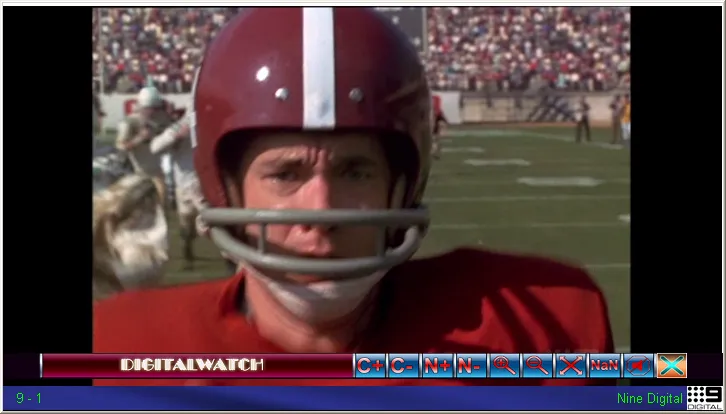 DigitalWatch showing an almost full-frame television picture of the same American football player, with no window chrome. A thin control strip across the bottom carries the DIGITALWATCH wordmark and a row of small buttons for contrast, brightness, zoom and close. The status line beneath reads 9 - 1 on the left and Nine Digital on the right