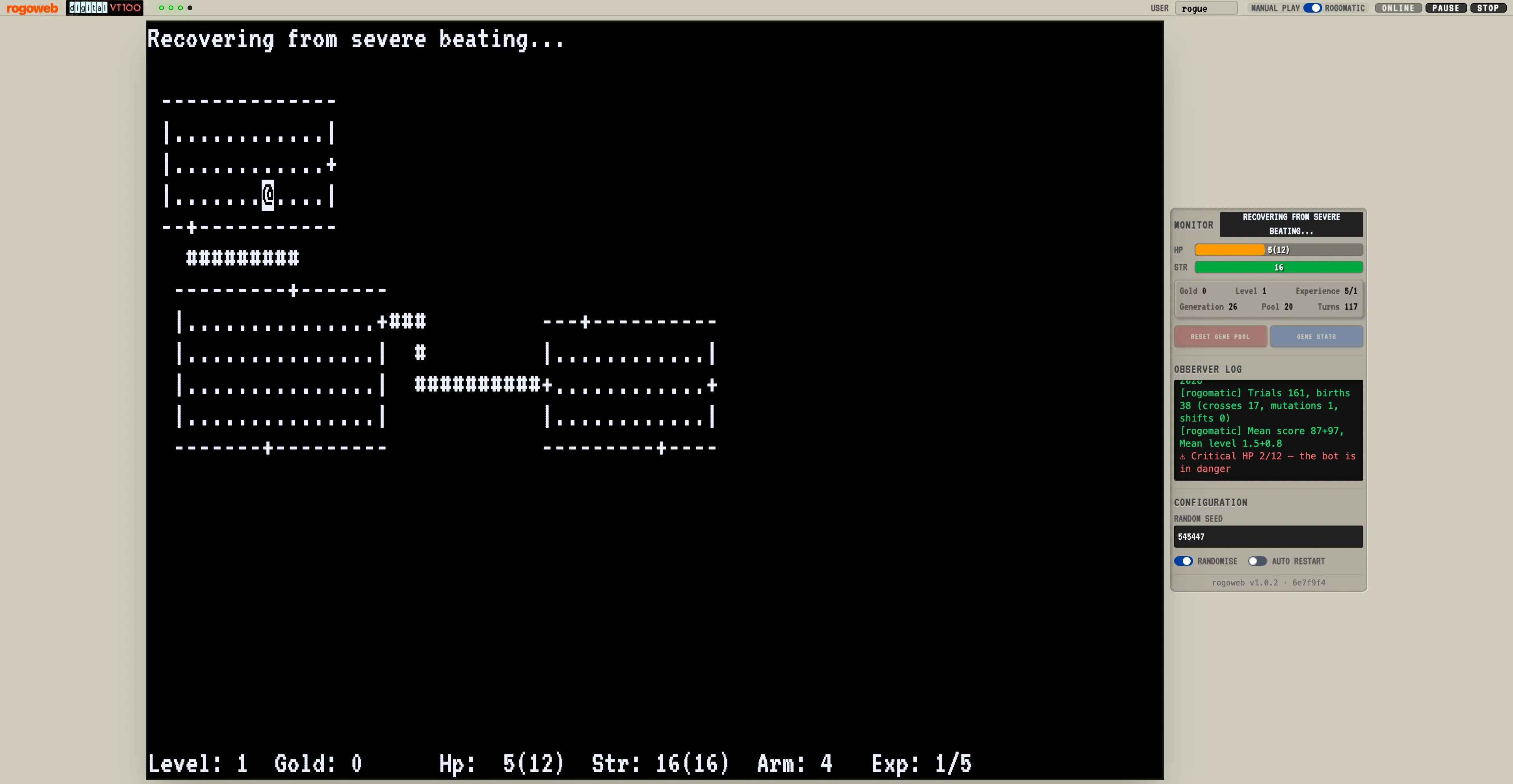 Rogoweb running Rog-O-Matic in the browser: the VT100 terminal beside the live telemetry panel