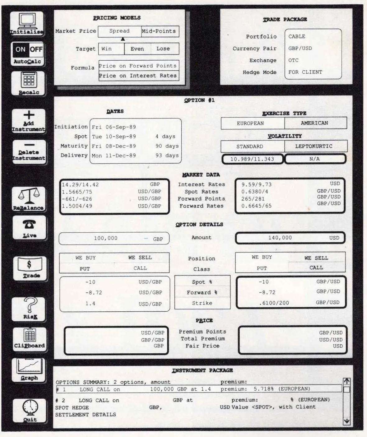 Screenshot of the foreign-exchange options-trading screen: a column of icon buttons down the left for Initialise, AutoCalc, Recalc, Add and Delete Instrument, Rebalance, Live, Trade, Risk, Clipboard, Graph and Quit, beside panels for pricing models, the trade package, option dates and exercise type, market data, option details and price, and a scrolling instrument package at the foot