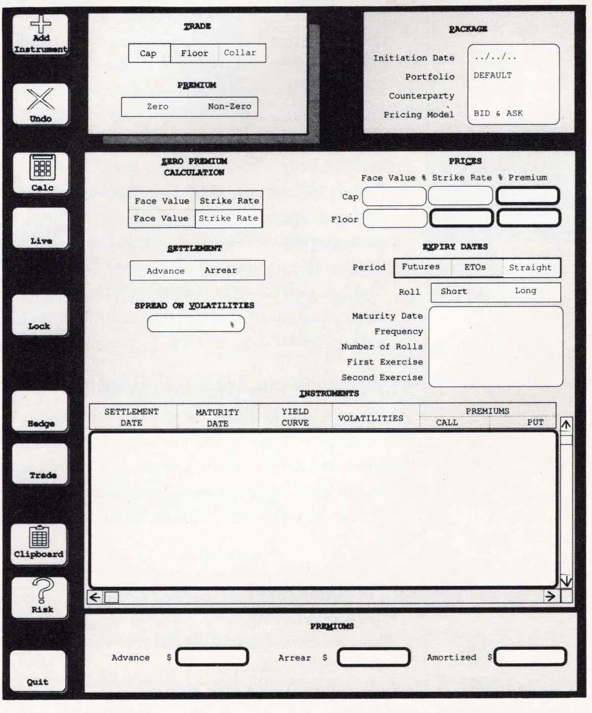 Screenshot of the caps, floors and collars trading screen: buttons for Cap, Floor and Collar and for zero or non-zero premium, panels for zero premium calculation, prices, settlement, expiry dates and spread on volatilities, an empty scrolling instruments table, and advance, arrear and amortized premiums along the bottom