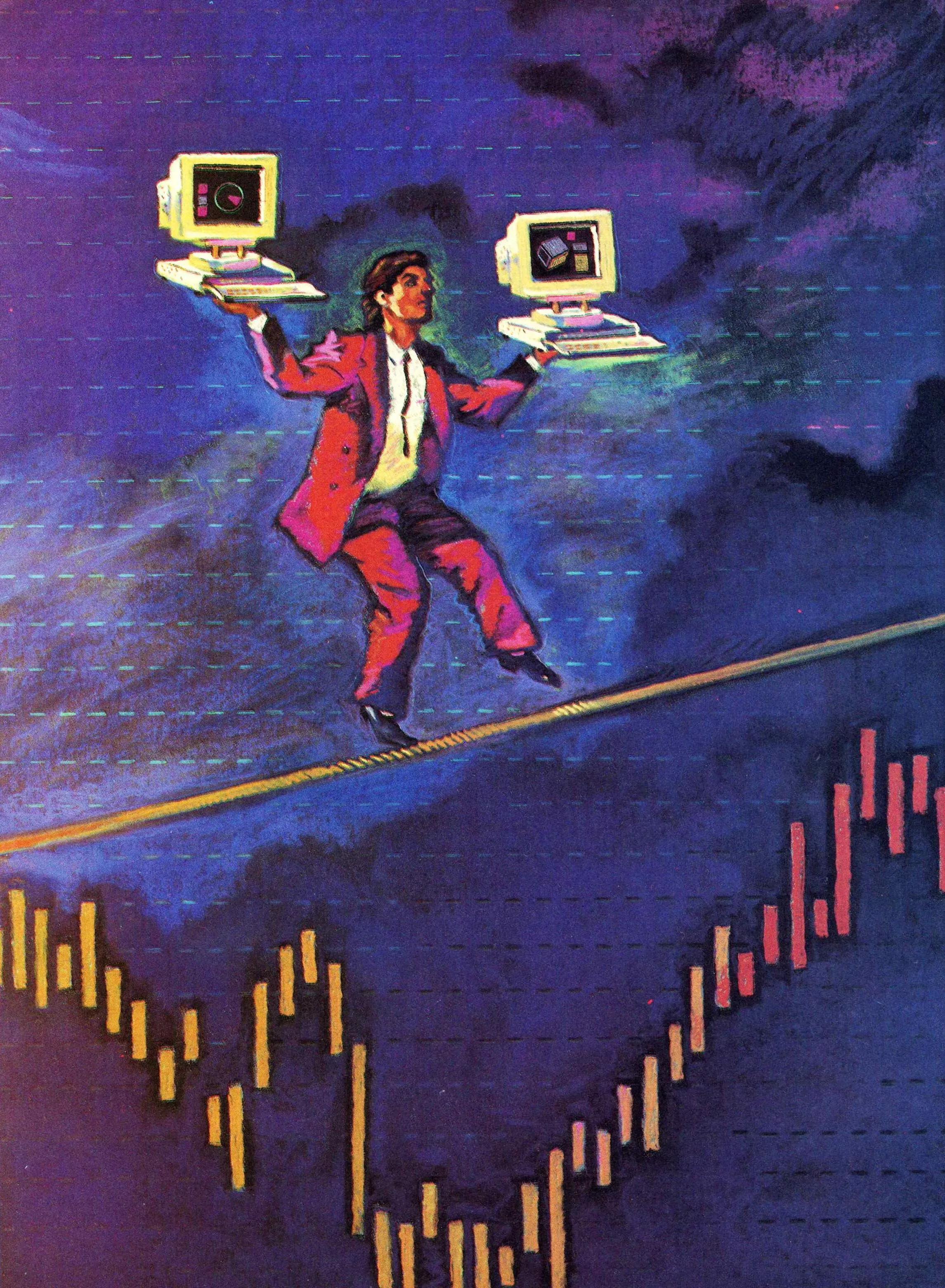 Paul Wolf’s cover illustration: a trader in a red suit balances on a tightrope above a rising and falling candlestick chart, a workstation held out in each hand