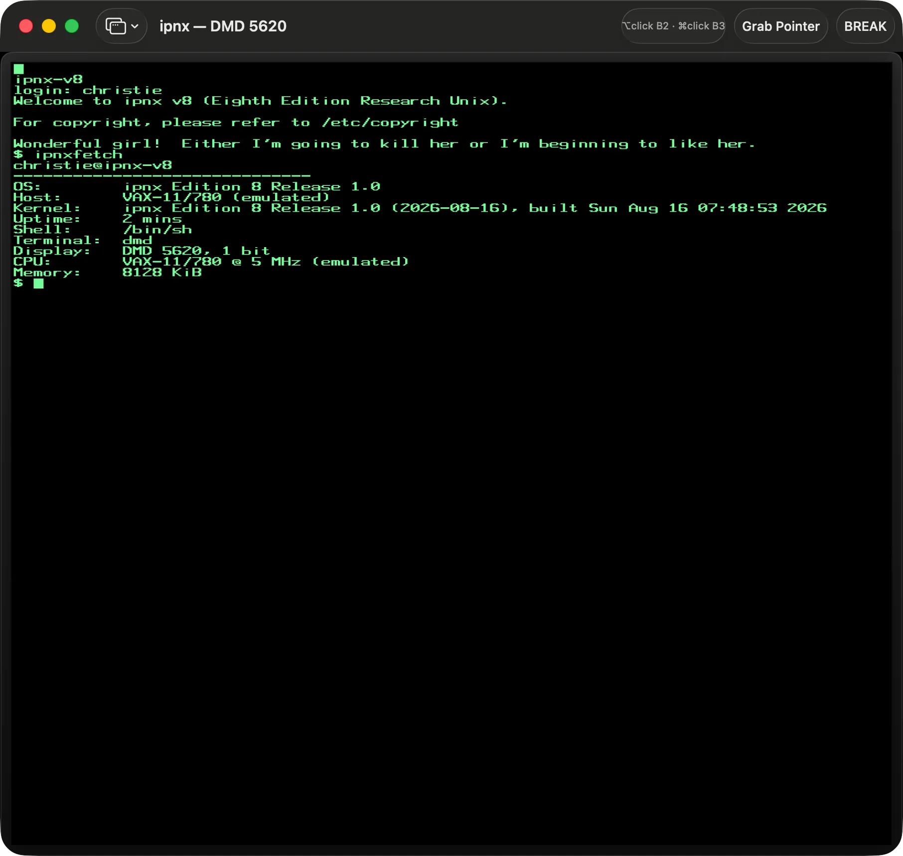 The ipnx DMD 5620 window: green phosphor text on black showing a login as christie, the welcome message, a fortune, and the output of ipnxfetch reporting ipnx Edition 8 Release 1.0 on an emulated VAX-11/780 with 8128 KiB of memory.